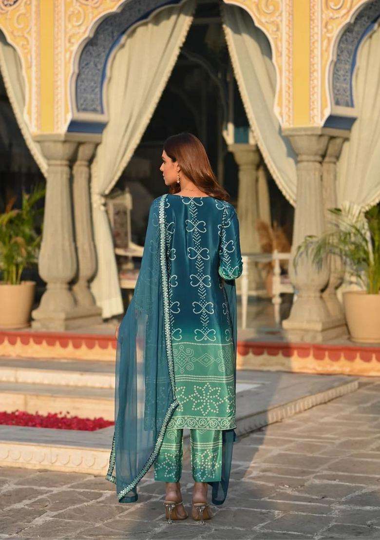Green Printed Chinon Kurta Set - Indya