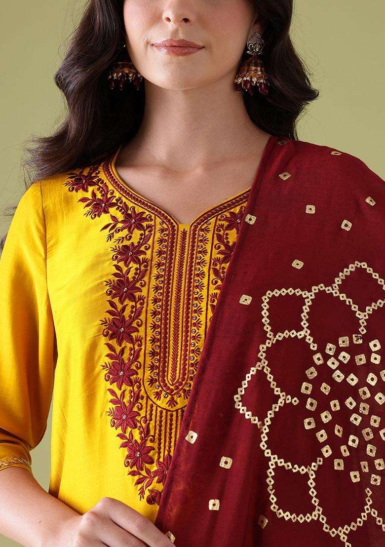 Yellow Embroidered Cotton Kurta Set - Indya
