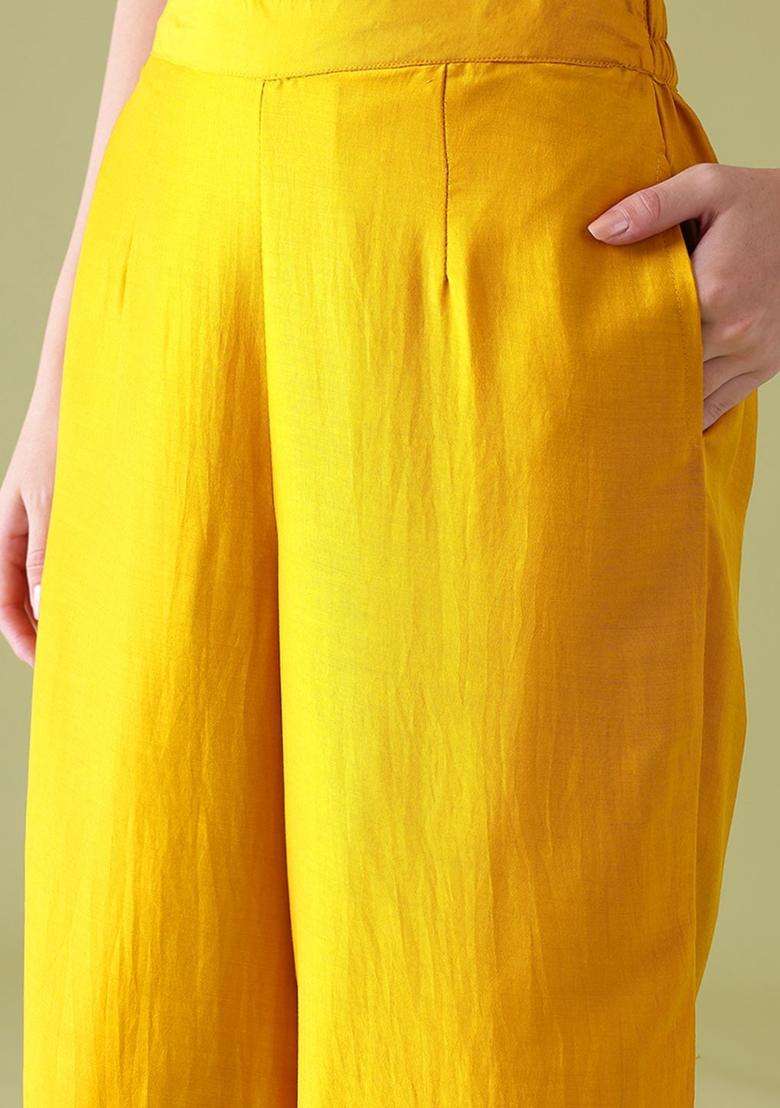 Yellow Embroidered Cotton Kurta Set - Indya