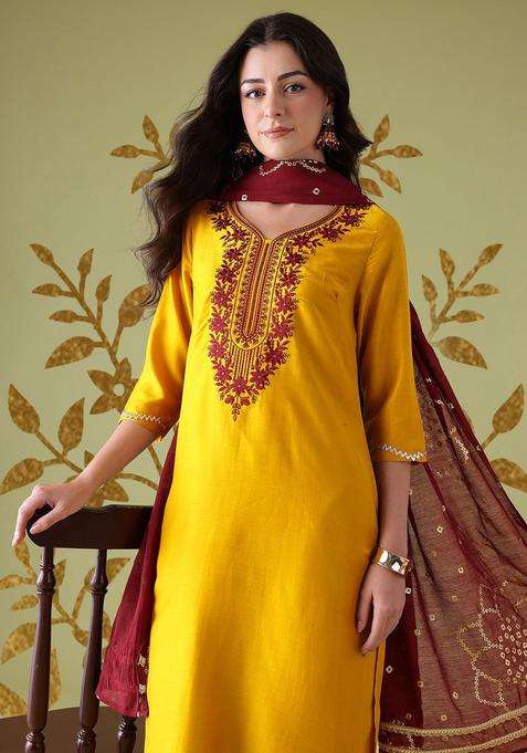 Yellow Embroidered Cotton Kurta Set
