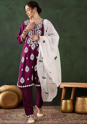 Magenta Embroidered Cotton Kurta Set