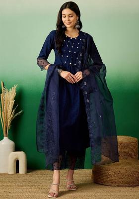 Navy Blue Self Design Cotton Kurta Set