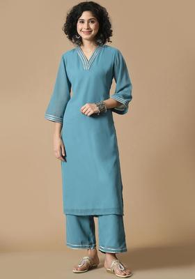 Blue Solid Georgette Kurta Set