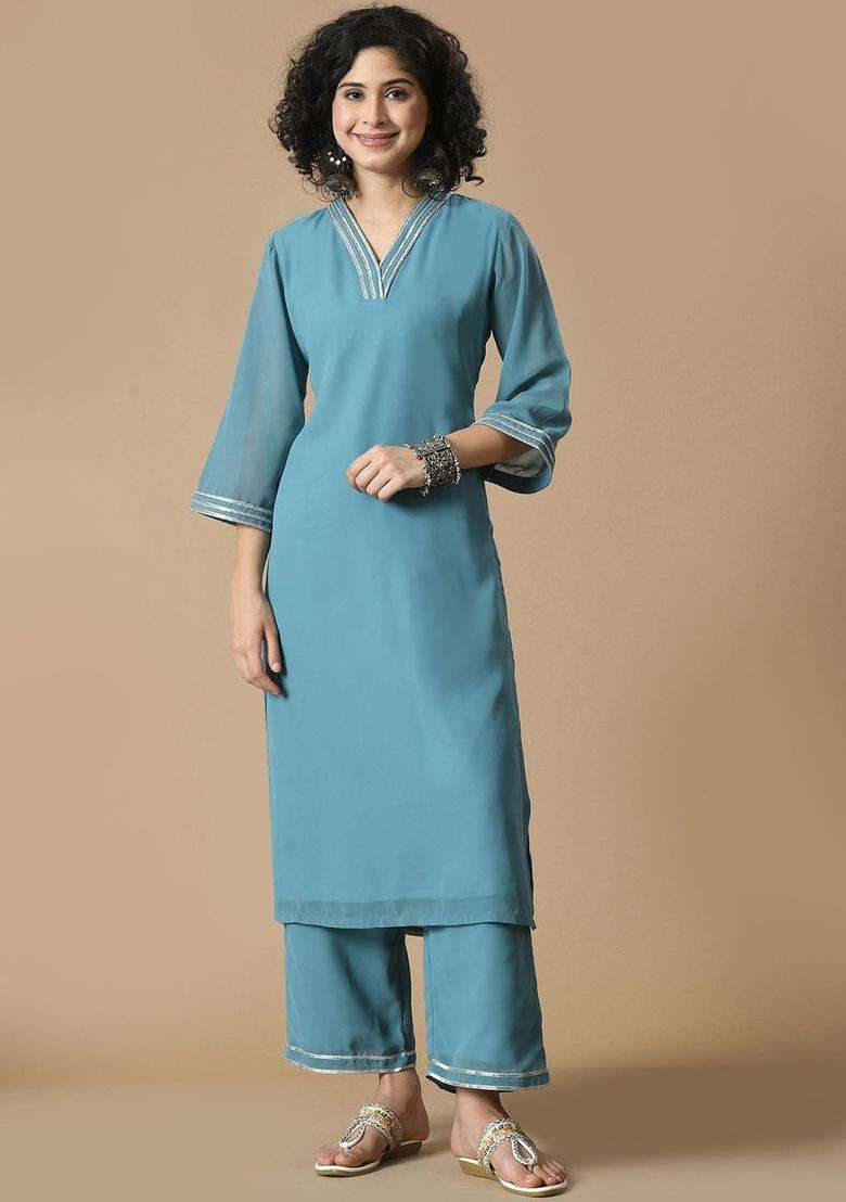 Blue Solid Georgette Kurta Set - Indya