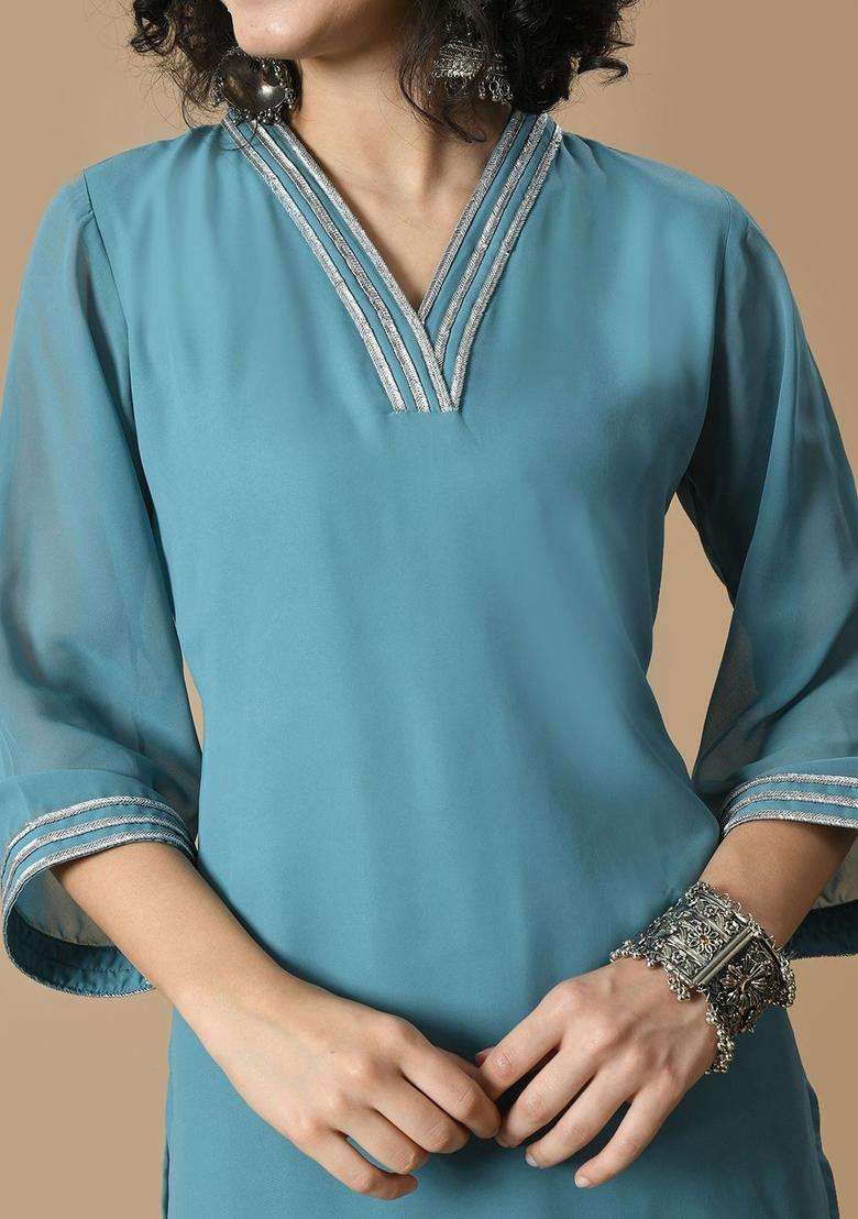 Blue Solid Georgette Kurta Set - Indya
