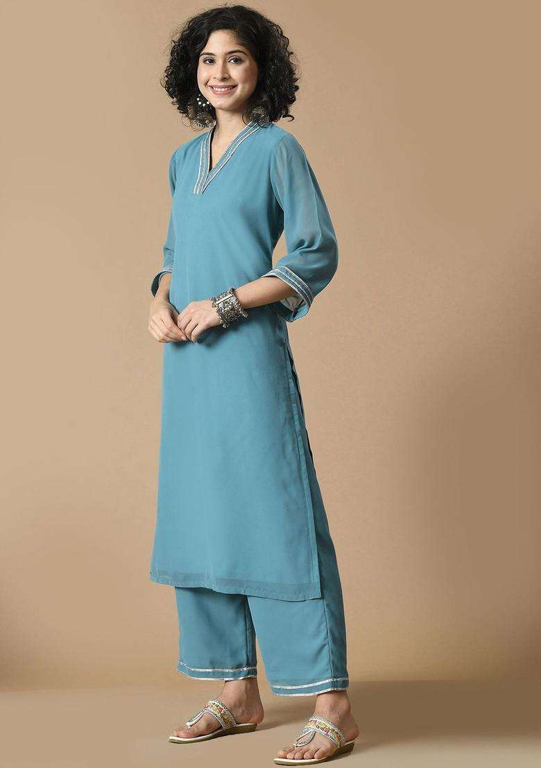 Blue Solid Georgette Kurta Set - Indya