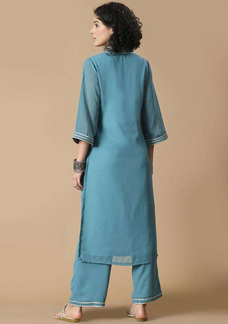 Blue Solid Georgette Kurta Set - Indya