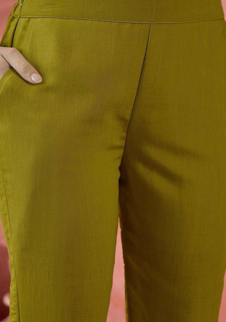 Lime Green Embroidered Silk Blend Kurta Set - Indya