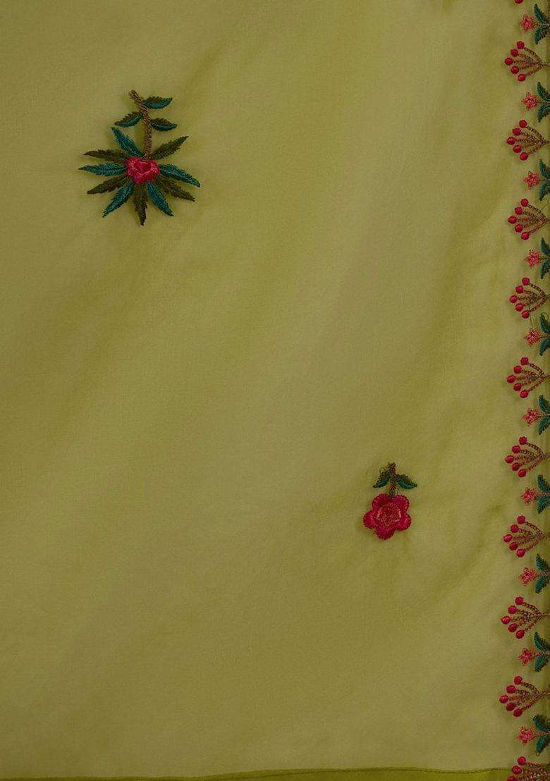 Lime Green Embroidered Silk Blend Kurta Set - Indya