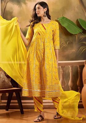 Yellow Printed Cotton Anarkali Set