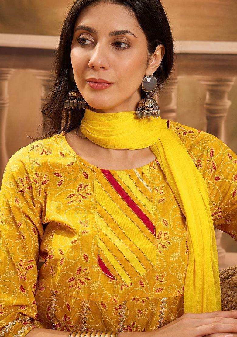 Yellow Printed Cotton Anarkali Set - Indya