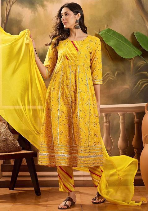 Yellow Printed Cotton Anarkali Set — view on Indya
