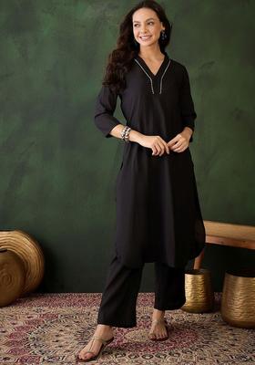Black Solid Chanderi Kurta Set
