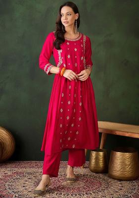 Red Embroidered Viscose Anarkali Set