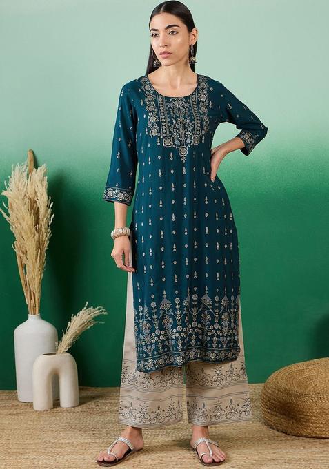 Blue Woven Design Silk Kurta Set — view on Indya