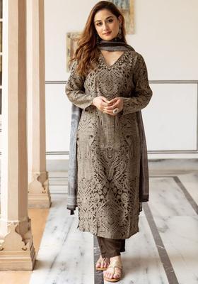 Grey Printed Silk Kurta Set