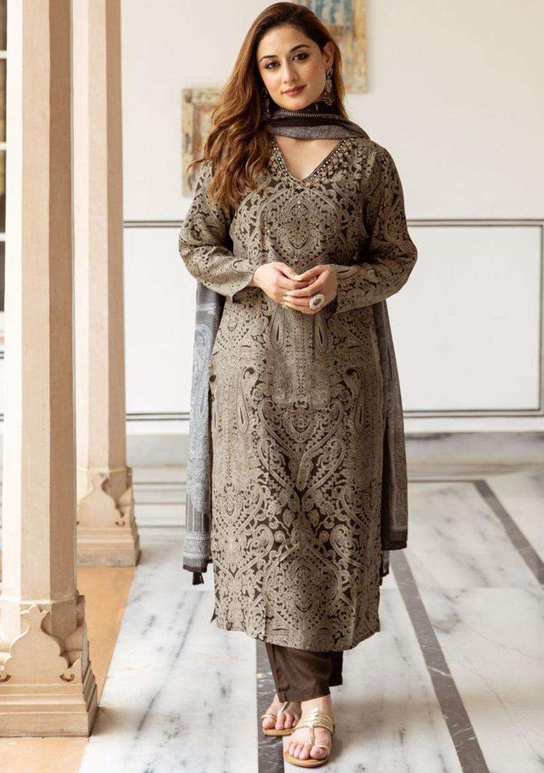 Grey Printed Silk Kurta Set - Indya