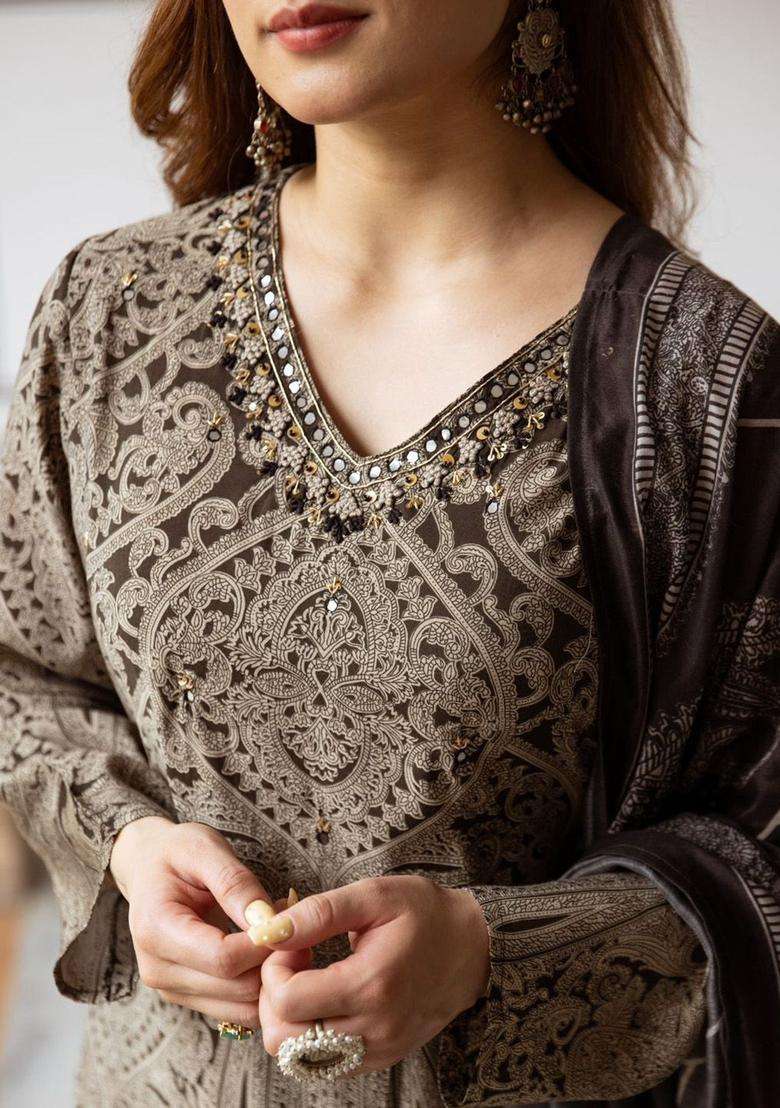 Grey Printed Silk Kurta Set - Indya