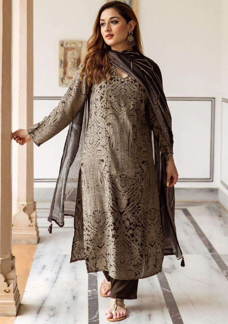 Grey Printed Silk Kurta Set - Indya