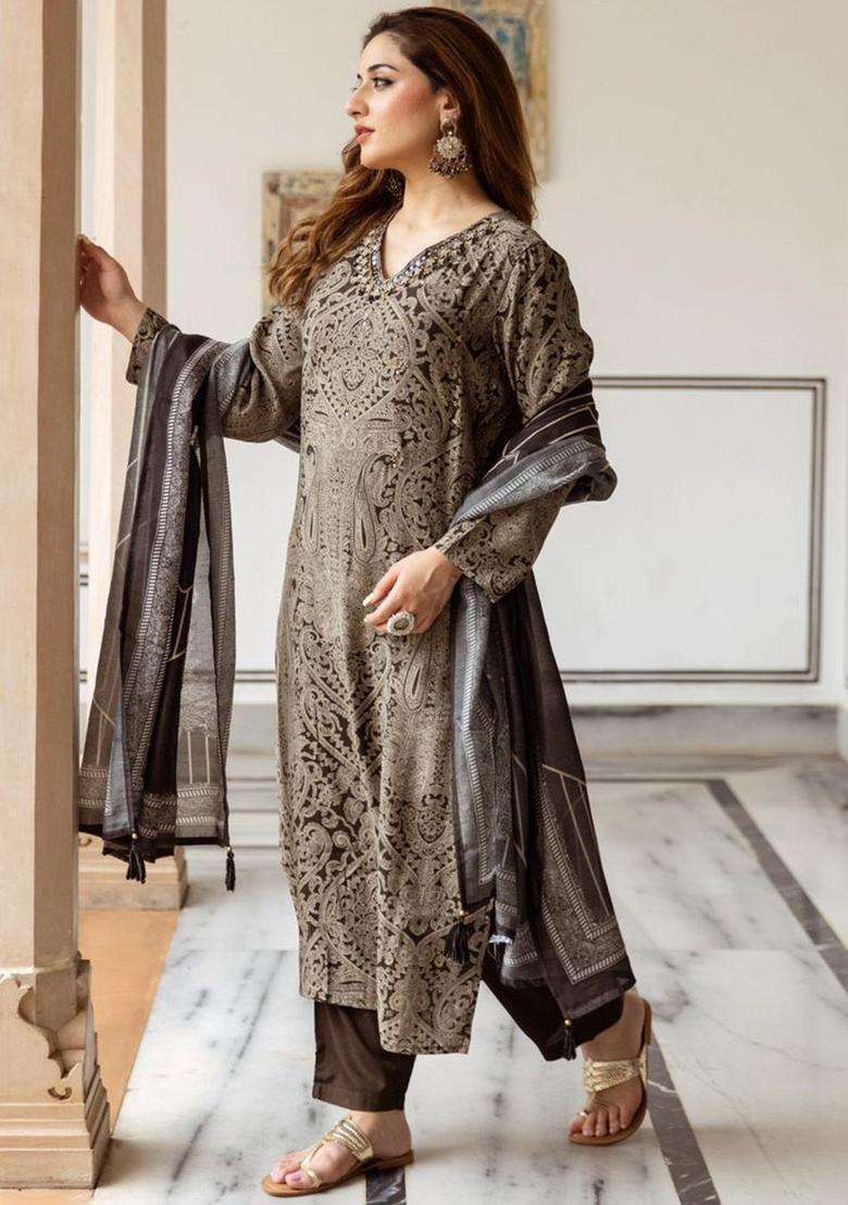 Grey Printed Silk Kurta Set - Indya