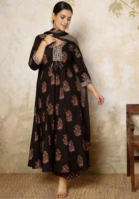Black Printed Cotton Anarkali Set