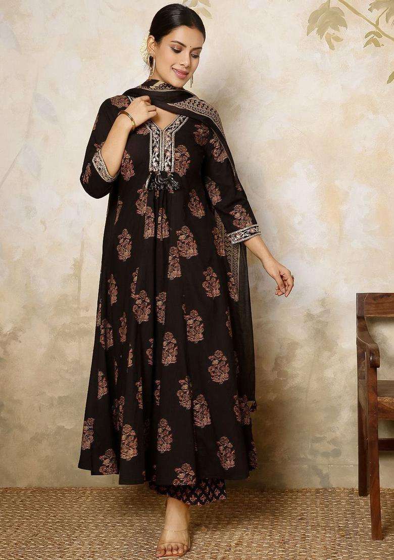 Black Printed Cotton Anarkali Set - Indya
