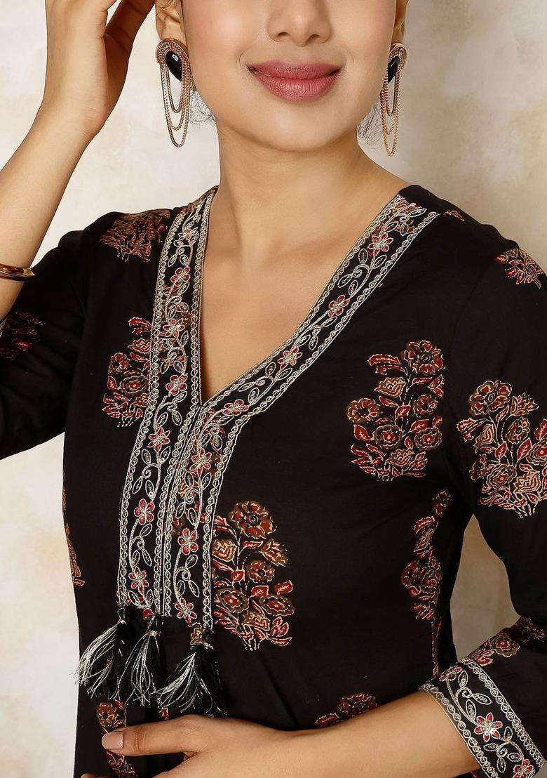 Black Printed Cotton Anarkali Set - Indya