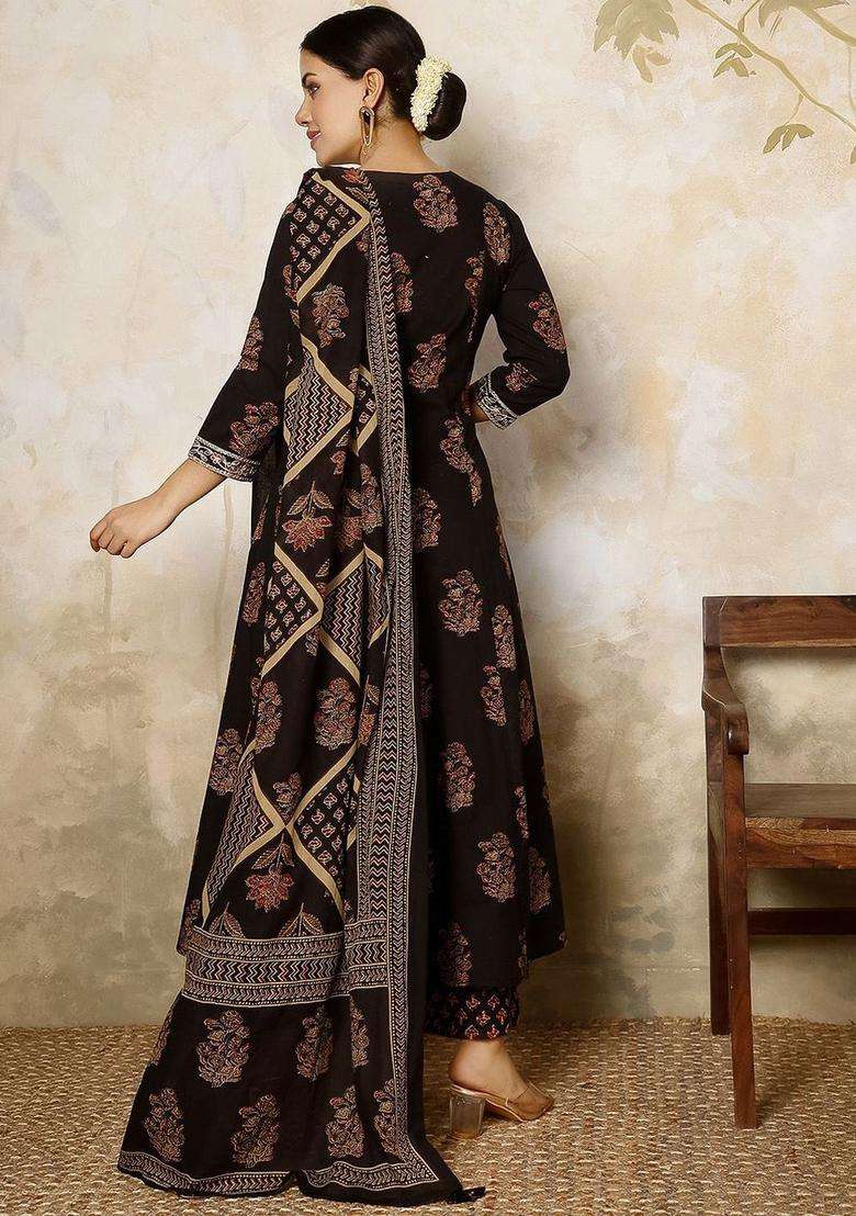 Black Printed Cotton Anarkali Set - Indya