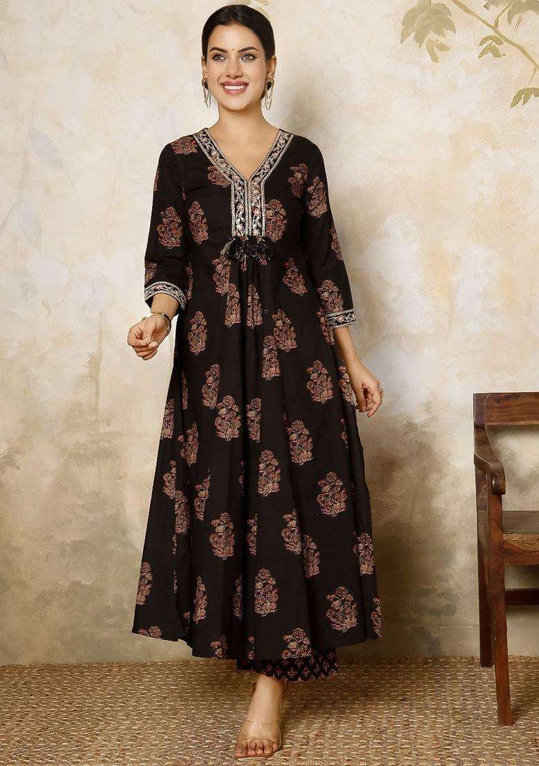 Black Printed Cotton Anarkali Set - Indya