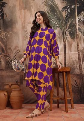 Purple Printed Polyester Kurta Set