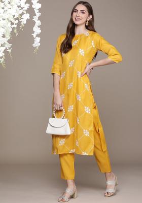 Orange Embroidered Polyester Kurta Set