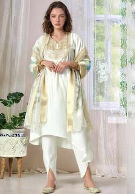 White Solid Silk Kurta Set