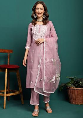 Mauve Embroidered Silk Blend Kurta Set