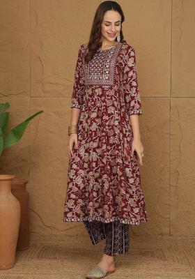 Purple Yoke Design Cotton Kurta Set