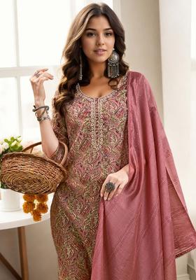 Mauve Printed Silk Kurta Set