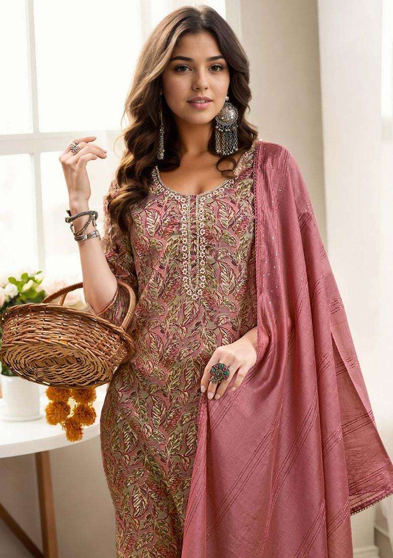 Mauve Printed Silk Blend Kurta Set - Indya