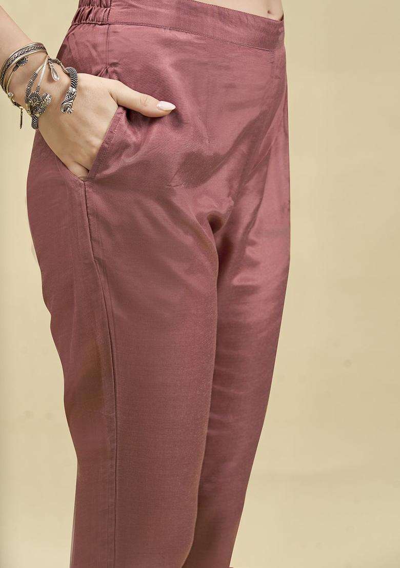 Mauve Printed Silk Blend Kurta Set - Indya