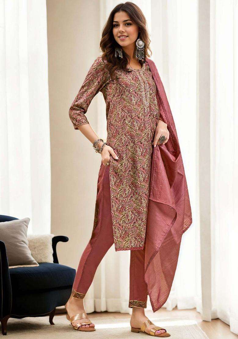 Mauve Printed Silk Blend Kurta Set - Indya