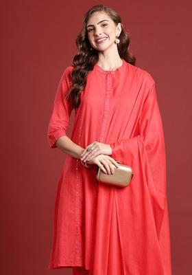Red Woven Design Cotton Kurta Set