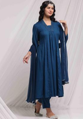 Teal Embroidered Viscose Anarkali Set