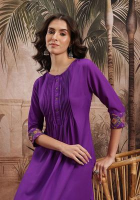 Purple Embroidered Polyester Kurta Set