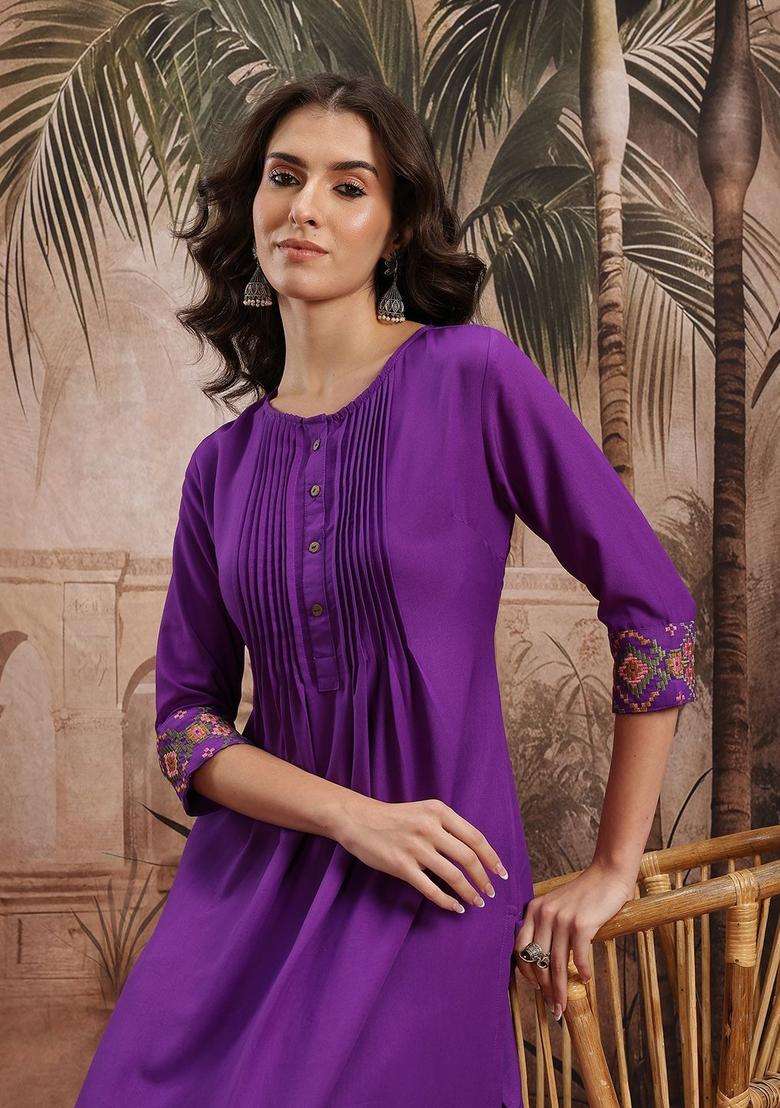 Purple Embroidered Polyester Kurta Set - Indya