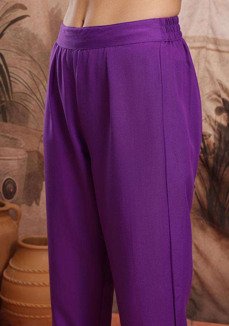 Purple Embroidered Polyester Kurta Set - Indya