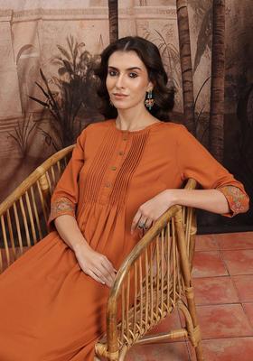 Rust Embroidered Polyester Kurta Set