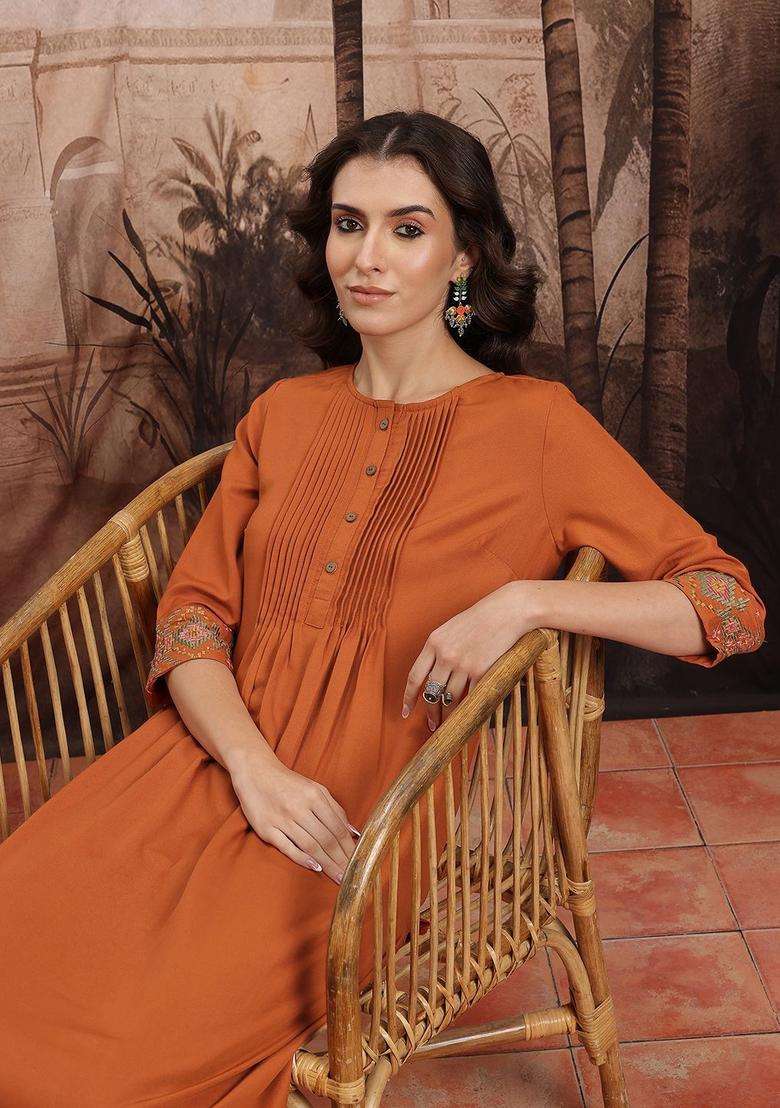Rust Embroidered Polyester Kurta Set - Indya