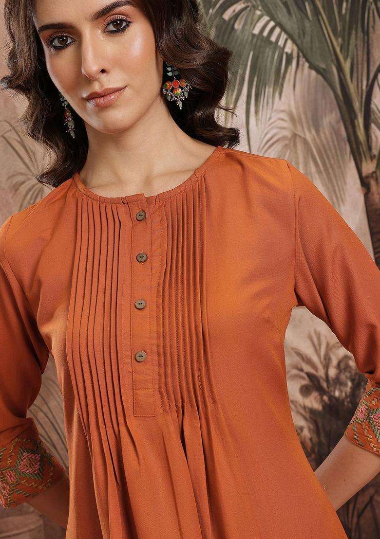 Rust Embroidered Polyester Kurta Set - Indya