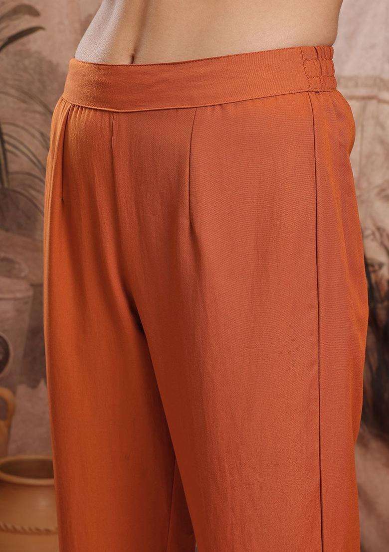 Rust Embroidered Polyester Kurta Set - Indya