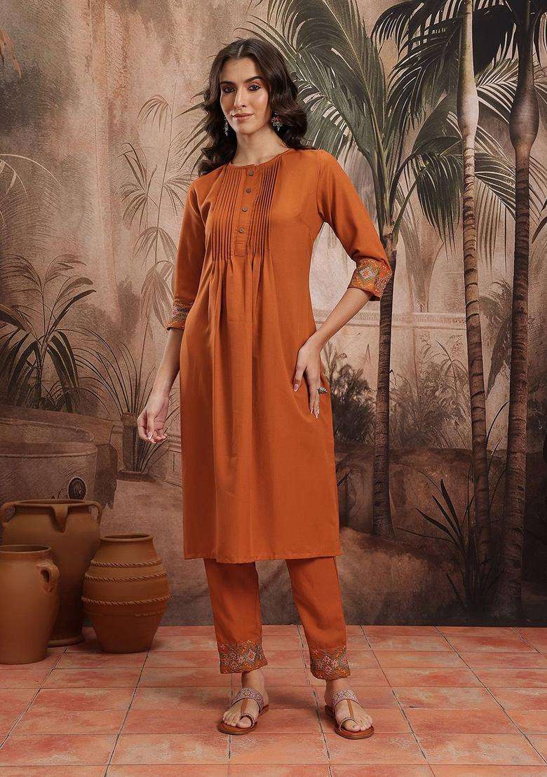 Rust Embroidered Polyester Kurta Set - Indya