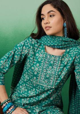 Sea Green Printed Cotton Kurta Set