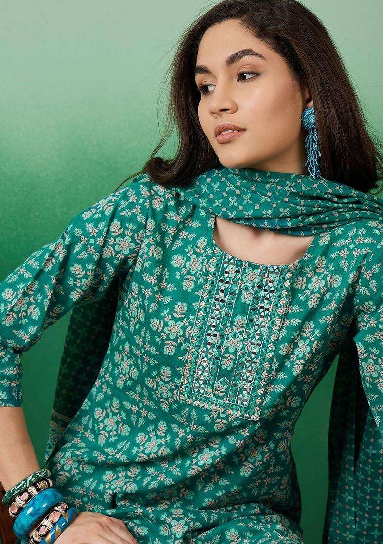 Sea Green Printed Cotton Kurta Set - Indya